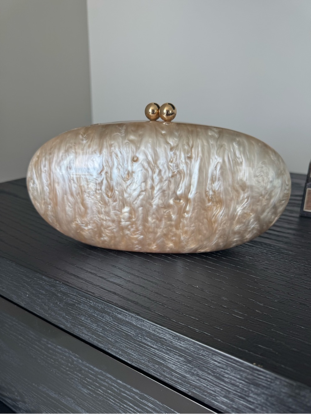 Olga Berg Pearlescent Beige Oval Clutch with Gold Ball Clasp